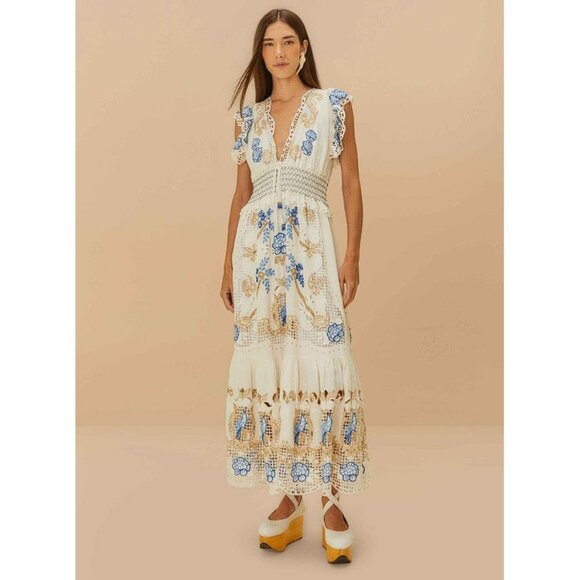 FARM RIO Women's Off-White Romantic Richelieu Maxi Dress Size M - Picture 1 of 8